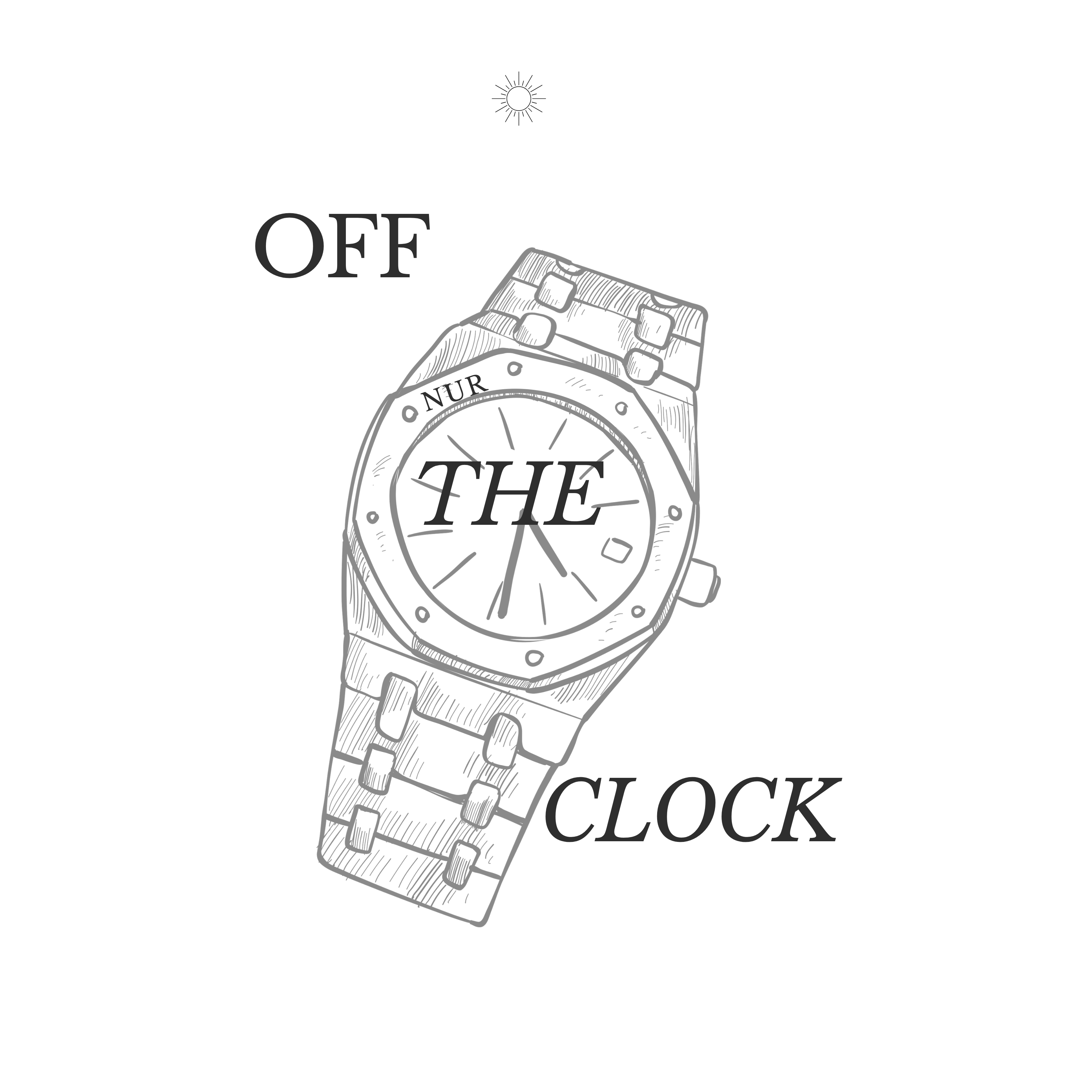 Detalhe da estampa OFF THE CLOCK com relógio desenhado à mão